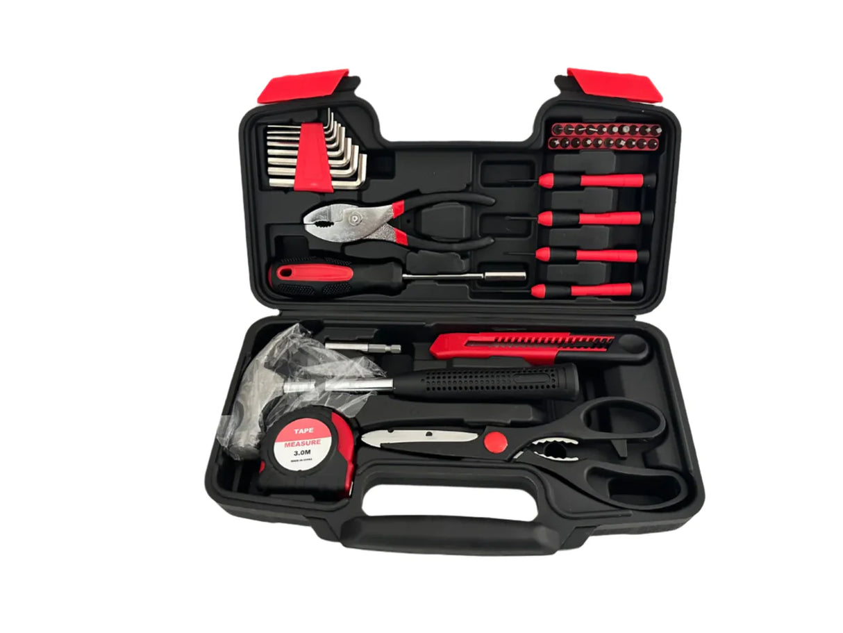 Tool set with various tools in a black case