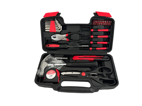 Tool set with various tools in a black case