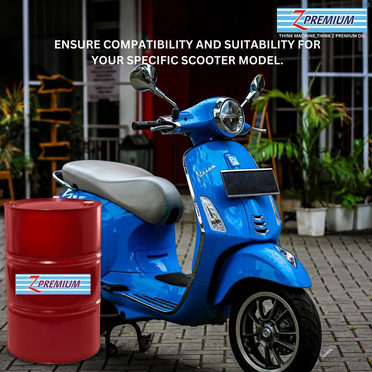 Blue scooter with a red Z Premium oil