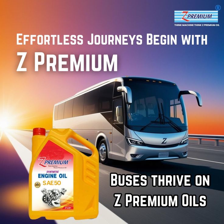 Z Premium engine oil container with a bus on a road