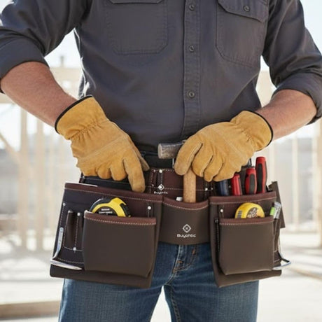 Worker wearing leather tool belt