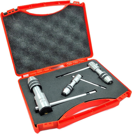 Set of 3 ratcheting T-handle tap wrenches in open red foam-lined case