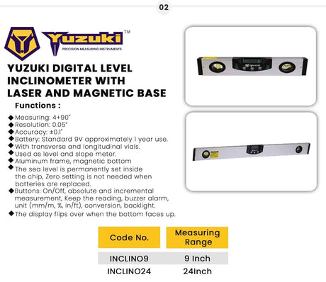 Yuzuki Digital Level Inclinometer With Magnetic Base And Laser 9"/225mm.