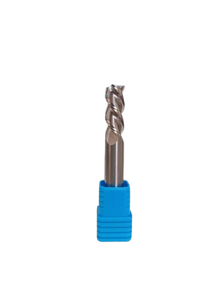 Solid carbide end mill cutter bit in blue base packaging