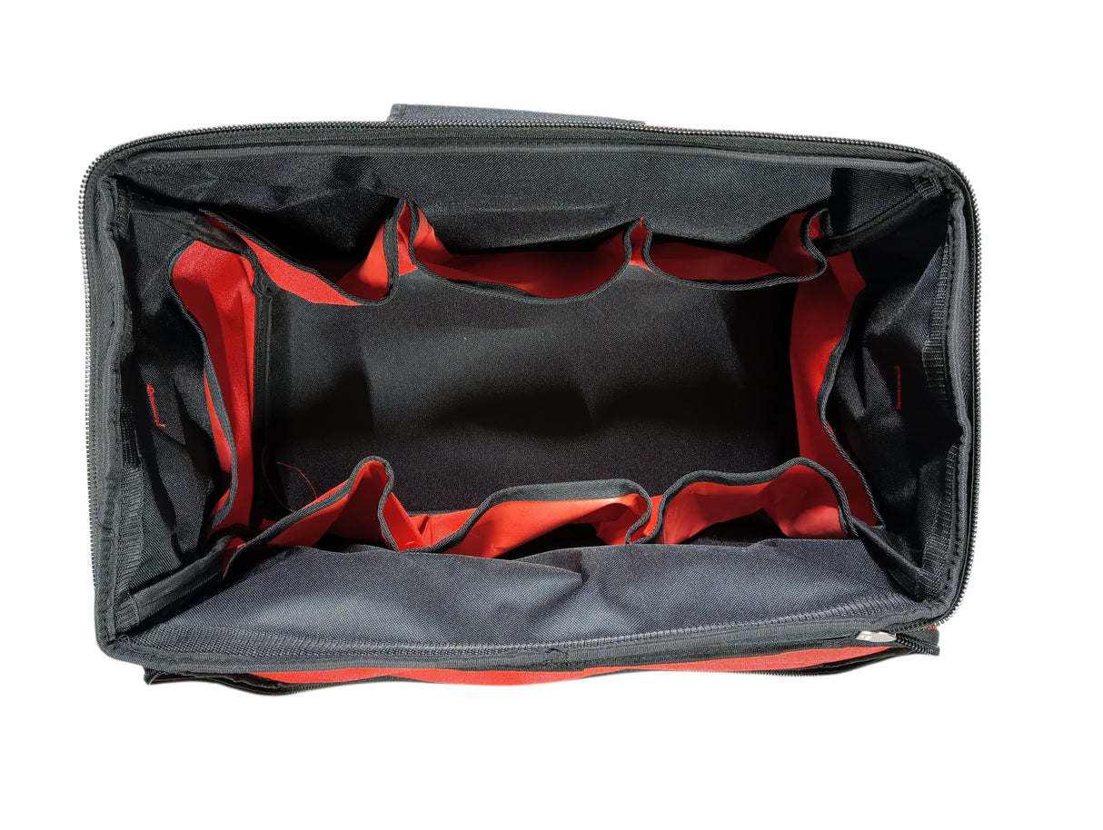 Black and red bag with interior compartments