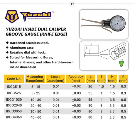 Yuzuki Inside Dial Caliper Groove Gauge (Knife Edge) 20-40mm