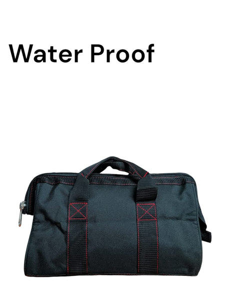 Black waterproof bag with red stitching 