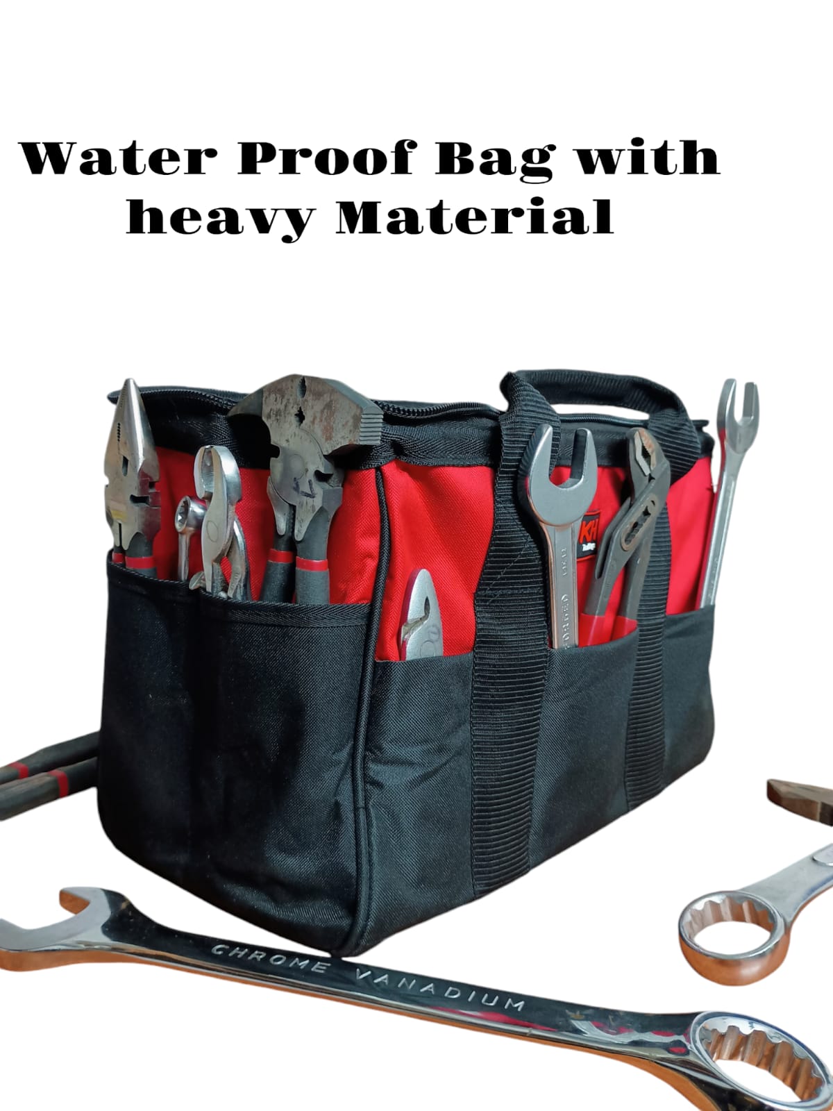 Black and red tool bag with various tools 