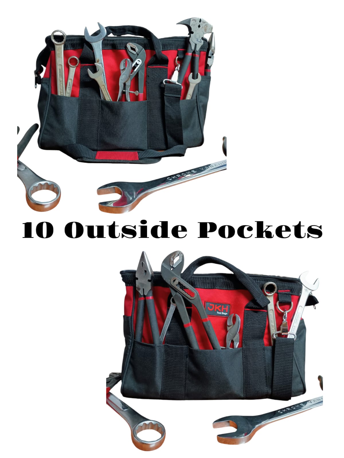 Tool bag with various tools and '10 Outside Pockets' 
