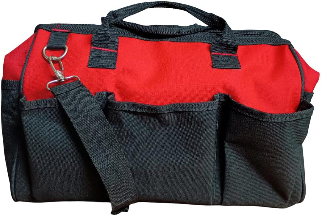 Red and black tool bag with a shoulder strap 