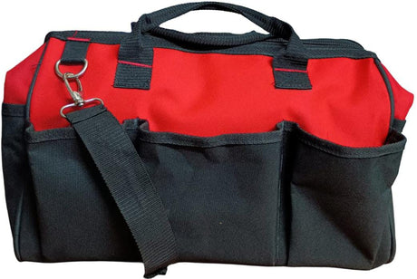 Red and black tool bag with a shoulder strap 