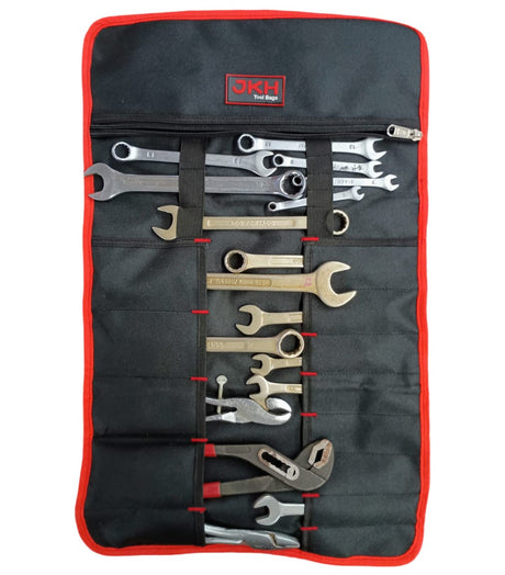 Set of wrenches in a black and red tool roll 