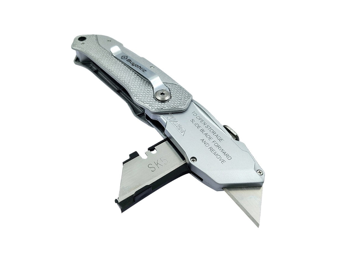 Buyohlic silver folding utility knife angled open view