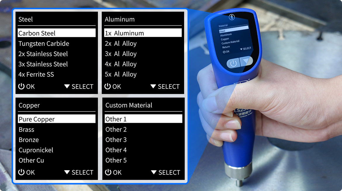 Digital hardness tester material selection menu