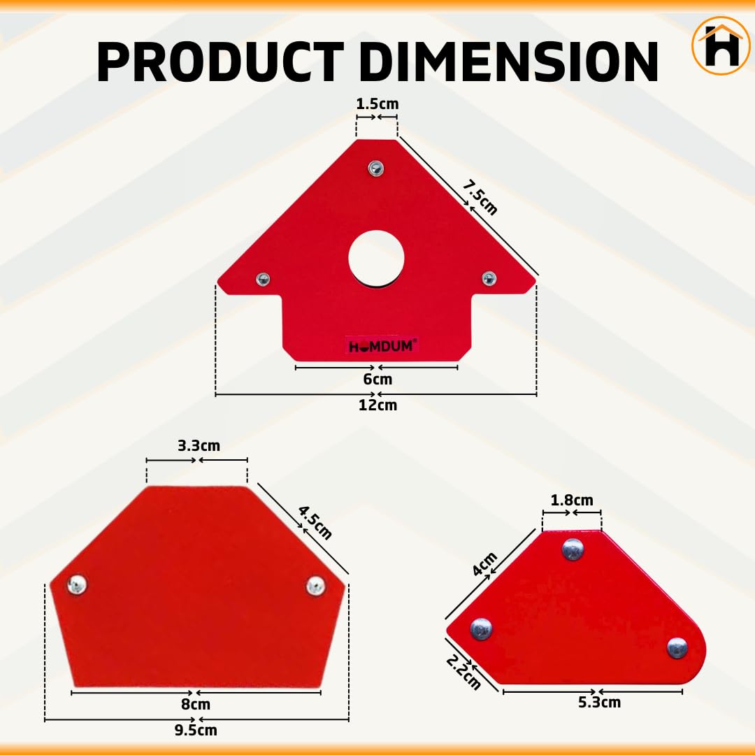 Red magnetic welding clamps showing product dimensions and sizes