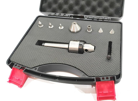 Lathe tailstock center set in protective case with tools