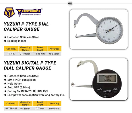 Yuzuki Digital P Type Dial Caliper Gauge 0-25mm