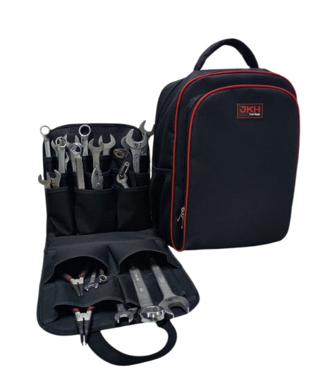 Black tool backpack with open tool organizer 