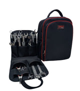 Black tool backpack with open tool organizer 