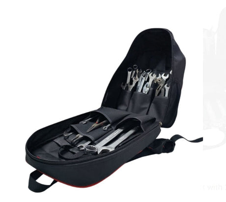 Black tool bag with various tools inside