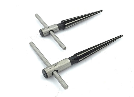 Set of 2 T-handle hand taper reamers (1/8"-1/2" & 1/8"-5/8")