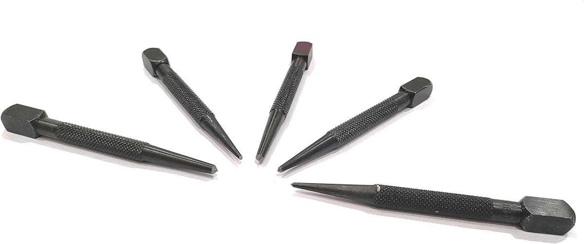 Set of 5 square head center punches arranged in a fan shape