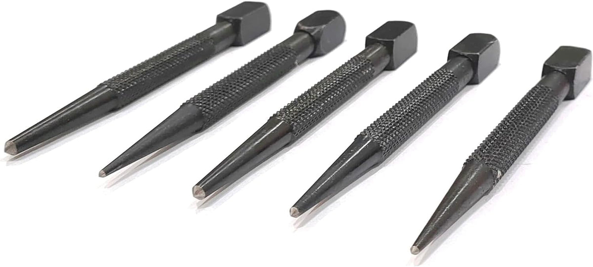 Set of 5 square head center punches with knurled steel bodies