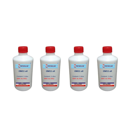 Four bottles of OM11 oil with red caps 