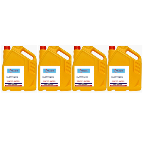 Four yellow paraffin oil containers