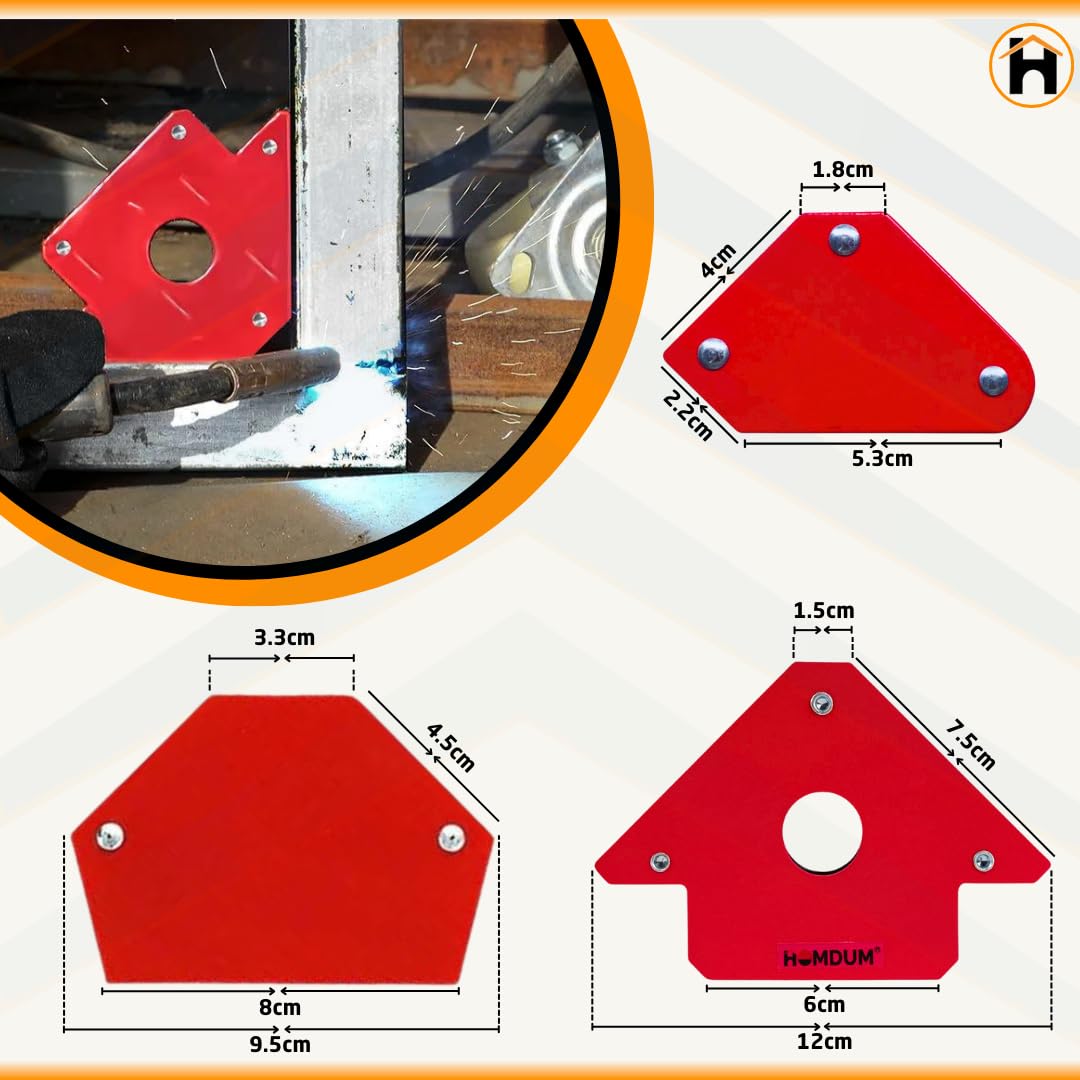 Red magnetic welding clamps showing sizes, dimensions, and welding application