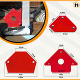 Red magnetic welding clamps showing sizes, dimensions, and welding application