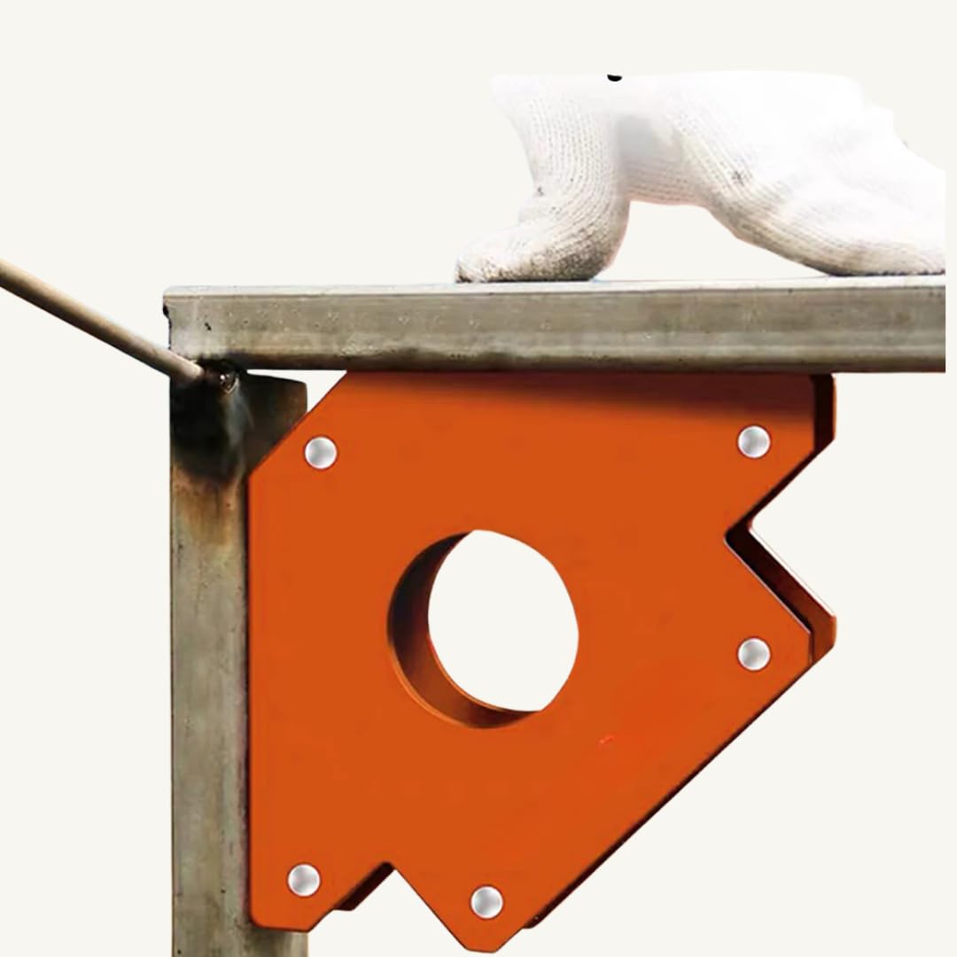 Orange arrow magnetic welding clamp holding metal square tubing