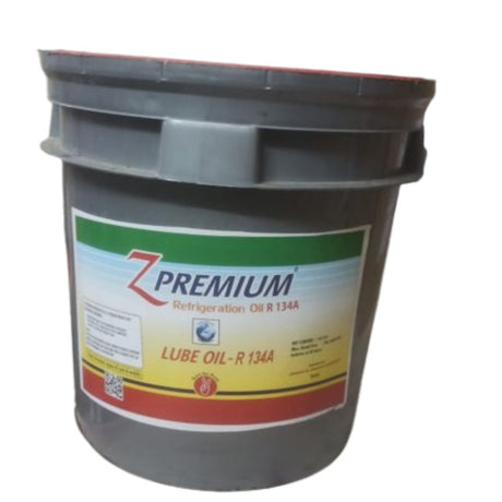 Gray bucket with a colorful label for Z Premium Lube Oil R 134A