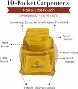 Heavy-Duty Suede Carpenter's Tool & Nail Bag – 10-Pocket Construction Pouch, Dark Tan