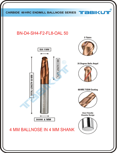 4 mm Carbide Ballnose 2 Flutes