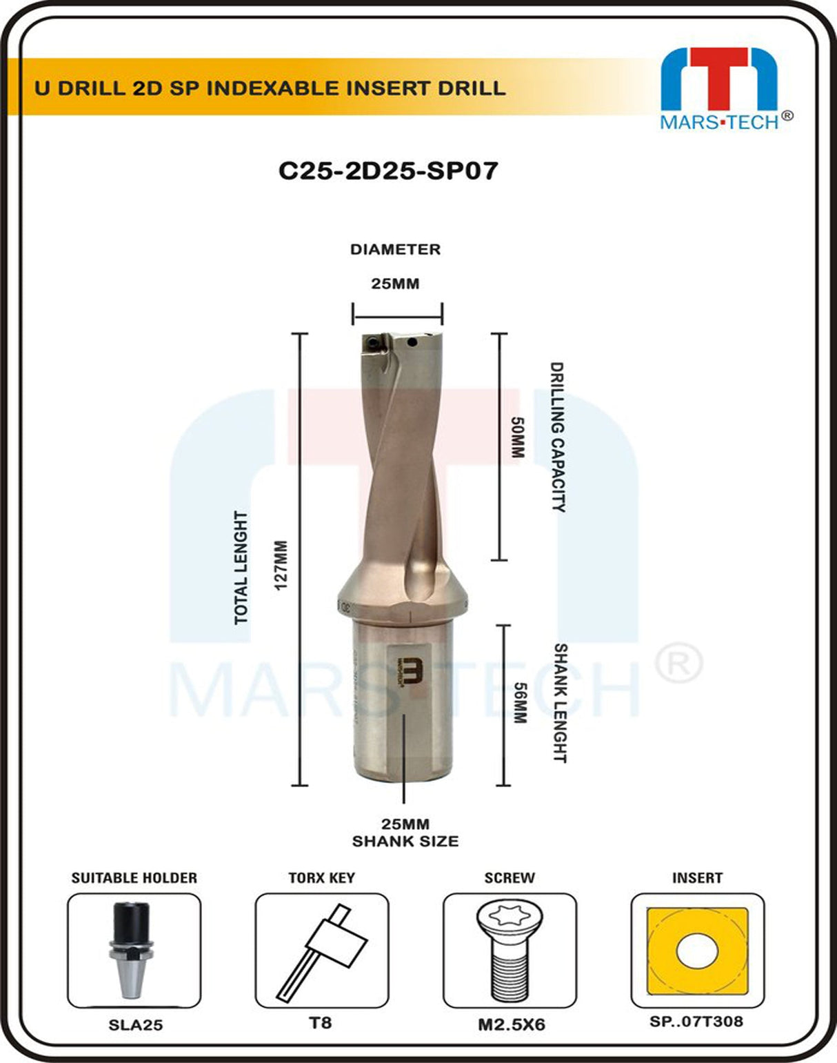 25 mm indexable U drill with through coolant