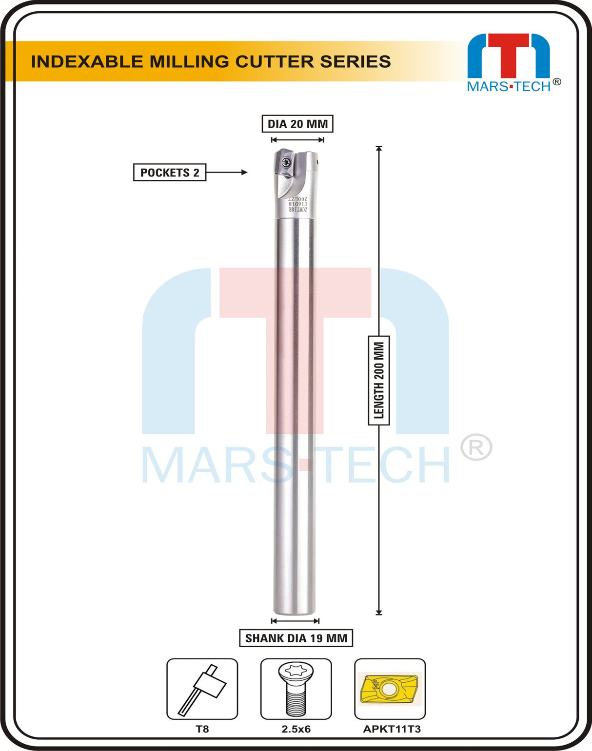 Indexable milling cutter for APKT11T3 inserts 20mm shank