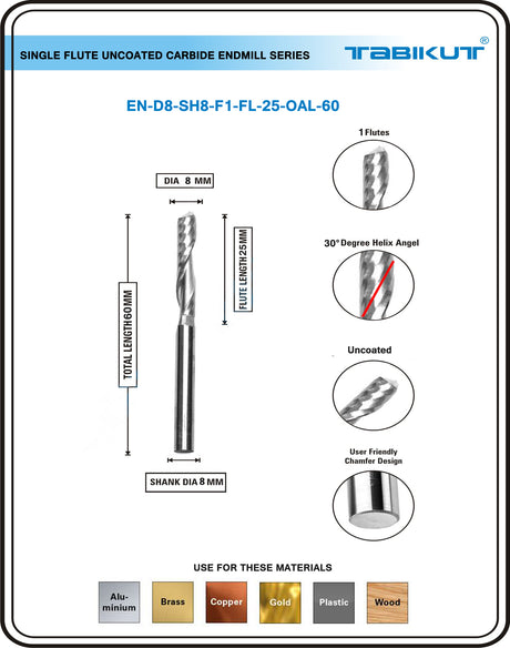 8 mm Single Flute Endmill Carbide