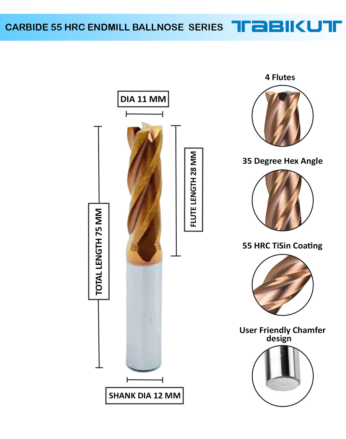 Carbide 55 HRC Endmill Ballnose